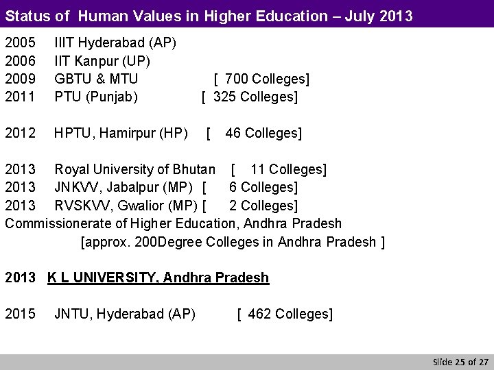 Status of Human Values in Higher Education – July 2013 2005 2006 2009 2011