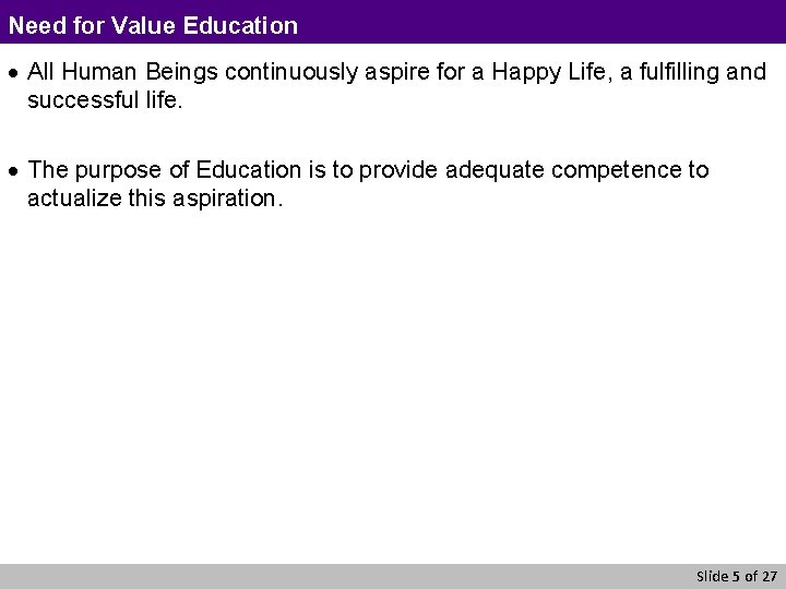 Need for Value Education · All Human Beings continuously aspire for a Happy Life,