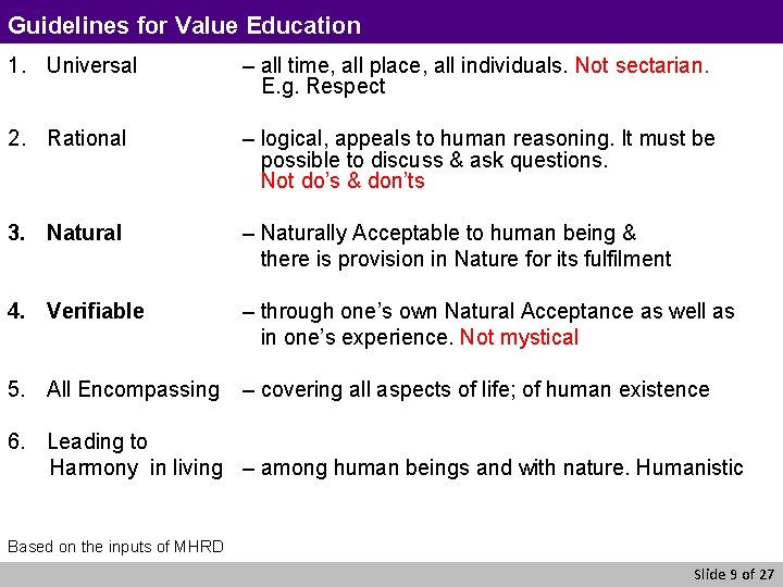 Guidelines for Value Education 1. Universal – all time, all place, all individuals. Not