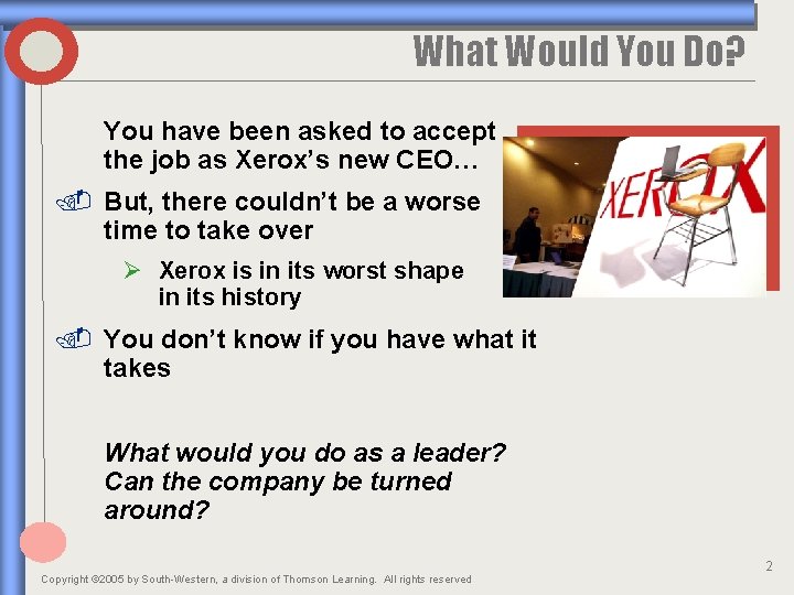 What Would You Do? You have been asked to accept the job as Xerox’s