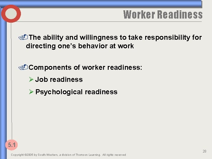 Worker Readiness. The ability and willingness to take responsibility for directing one’s behavior at