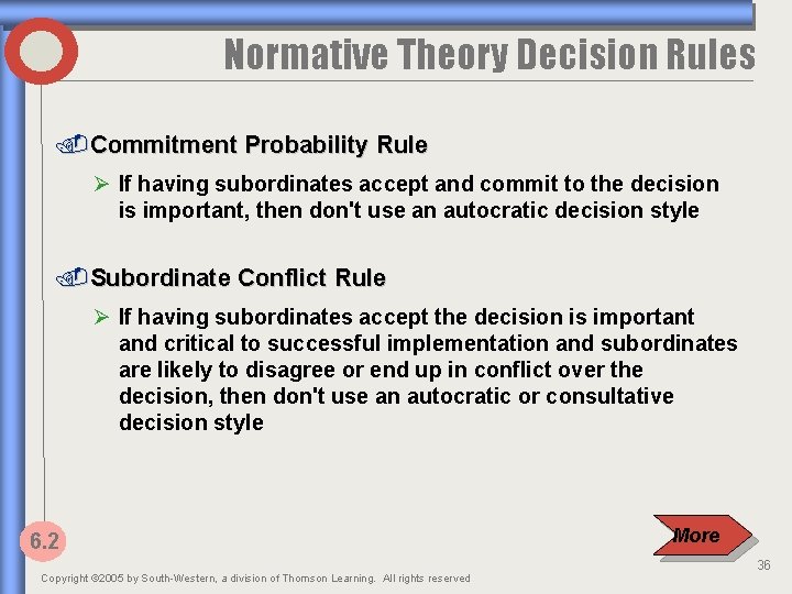 Normative Theory Decision Rules. Commitment Probability Rule Ø If having subordinates accept and commit