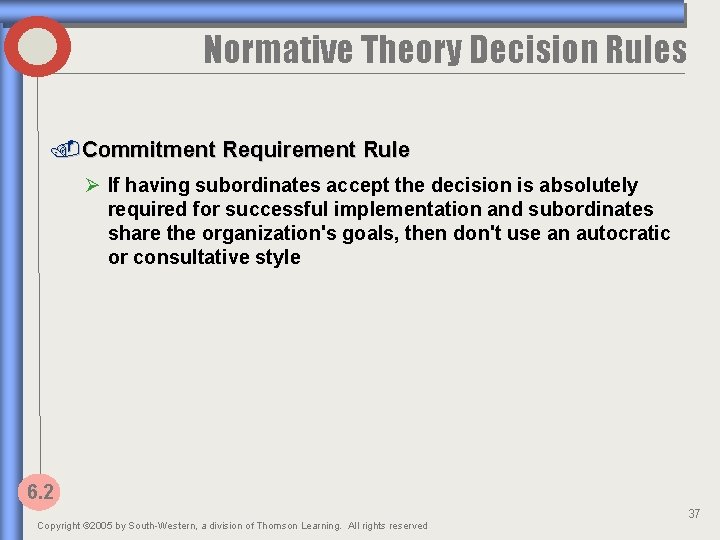 Normative Theory Decision Rules. Commitment Requirement Rule Ø If having subordinates accept the decision