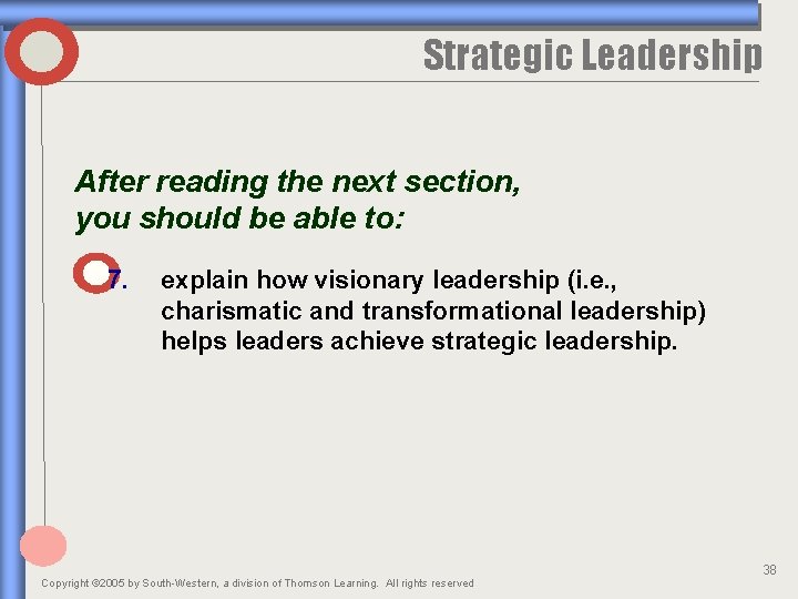 Strategic Leadership After reading the next section, you should be able to: 7. explain