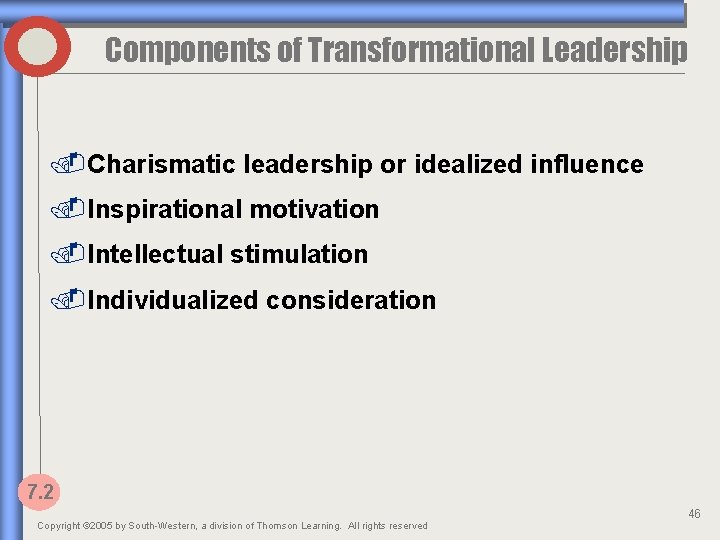 Components of Transformational Leadership. Charismatic leadership or idealized influence. Inspirational motivation. Intellectual stimulation. Individualized