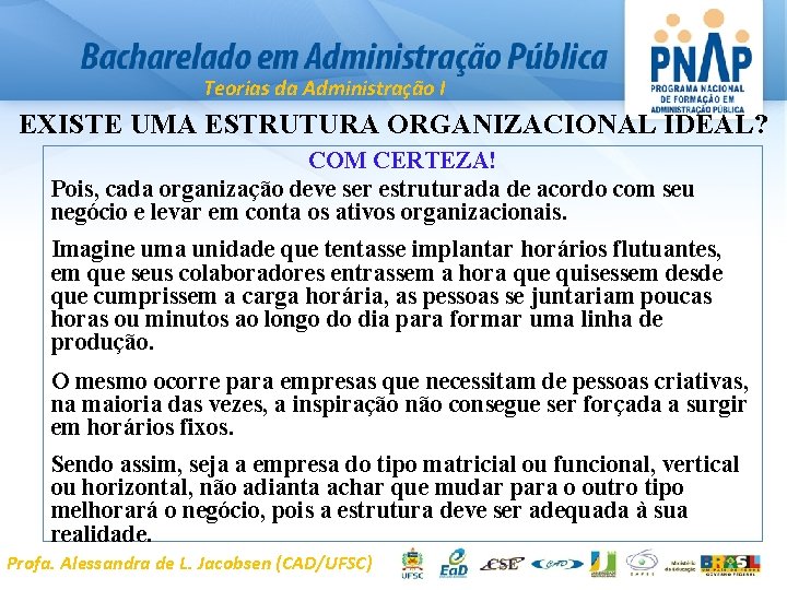 Teorias da Administração I EXISTE UMA ESTRUTURA ORGANIZACIONAL IDEAL? COM CERTEZA! Pois, cada organização