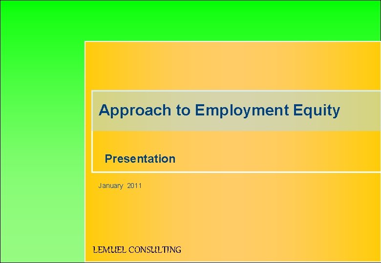 Approach to Employment Equity Presentation January 2011 LEMUEL CONSULTING 
