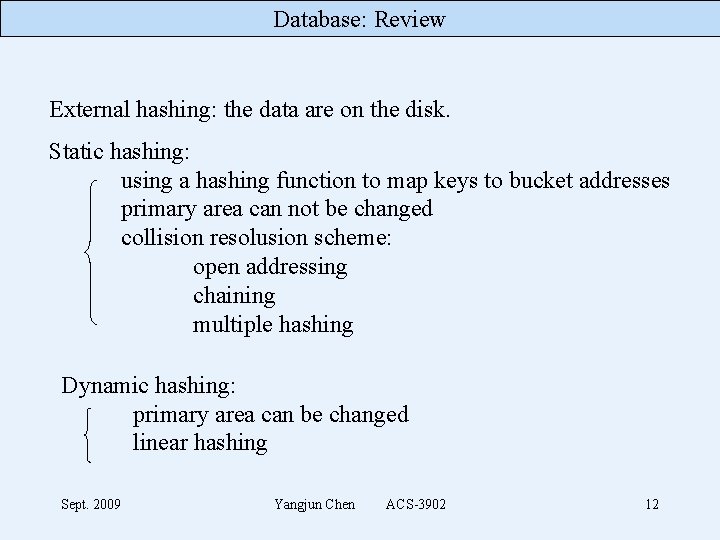Database: Review External hashing: the data are on the disk. Static hashing: using a