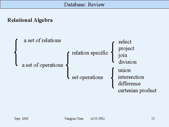 Database: Review Relational Algebra a set of relations relation specific a set of operations