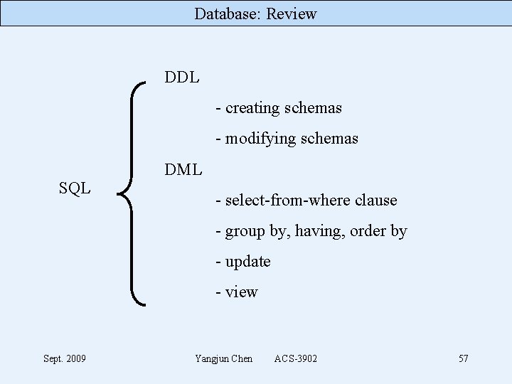 Database: Review DDL - creating schemas - modifying schemas SQL DML - select-from-where clause