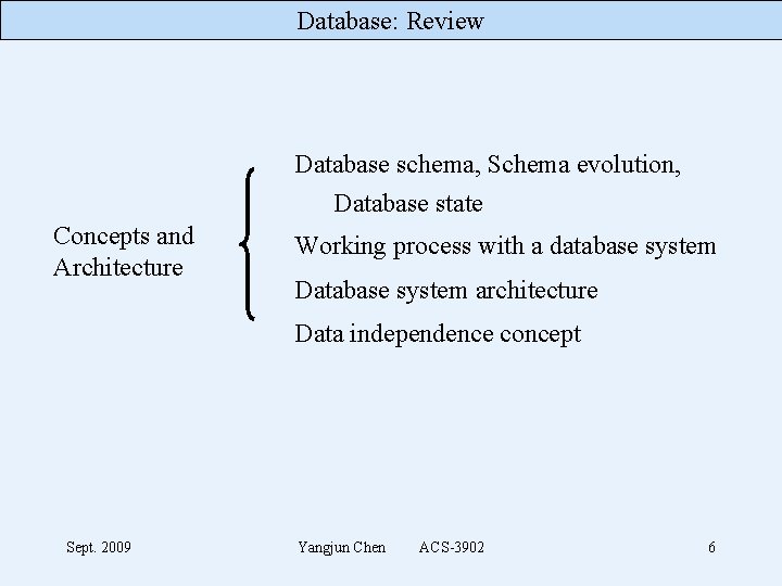 Database: Review Database schema, Schema evolution, Database state Concepts and Architecture Working process with