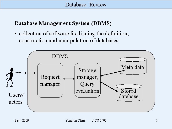 Database: Review Database Management System (DBMS) • collection of software facilitating the definition, construction