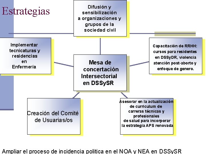 Estrategias Difusión y sensibilización a organizaciones y grupos de la sociedad civil Implementar tecnicaturas