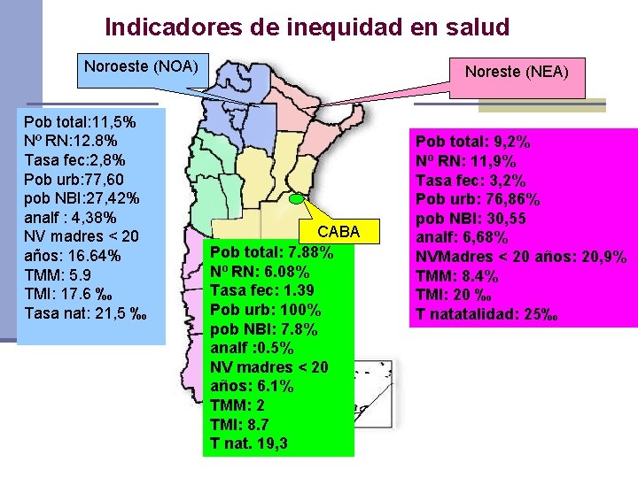 Indicadores de inequidad en salud Noroeste (NOA) Pob total: 11, 5% Nº RN: 12.