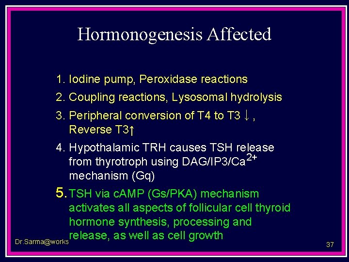 Hormonogenesis Affected 1. Iodine pump, Peroxidase reactions 2. Coupling reactions, Lysosomal hydrolysis 3. Peripheral