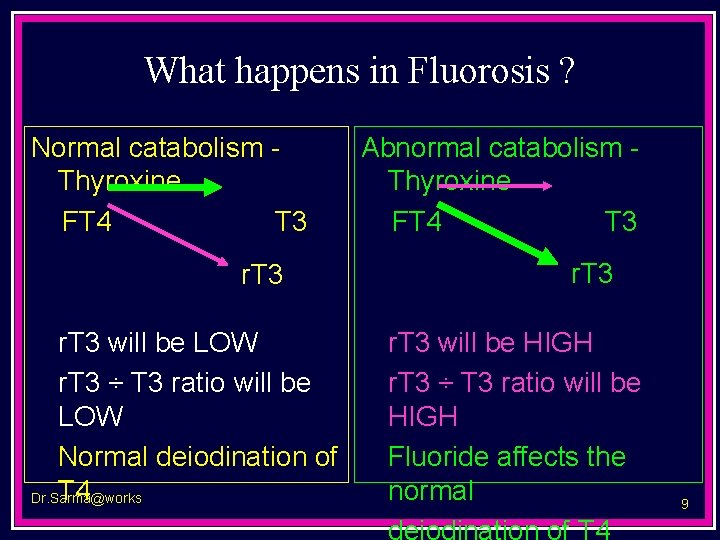 What happens in Fluorosis ? Normal catabolism Thyroxine FT 4 T 3 r. T