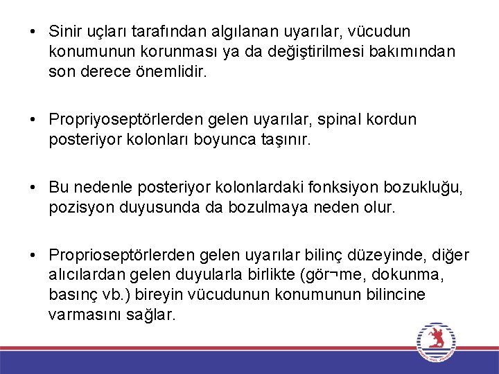  • Sinir uçları tarafından algılanan uyarılar, vücudun konumunun korunması ya da değiştirilmesi bakımından