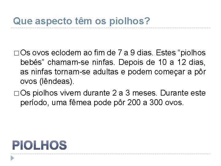 Que aspecto têm os piolhos? � Os ovos eclodem ao fim de 7 a