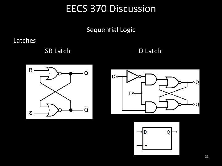 EECS 370 Discussion Sequential Logic Latches SR Latch D Latch 21 