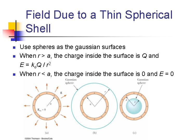 Field Due to a Thin Spherical Shell n n n Use spheres as the