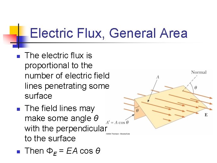 Electric Flux, General Area n n n The electric flux is proportional to the