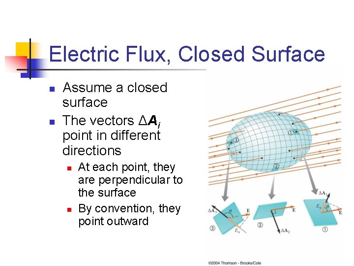 Electric Flux, Closed Surface n n Assume a closed surface The vectors ΔAi point