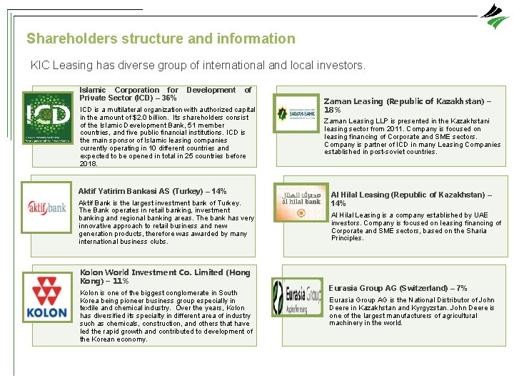 Shareholders structure and information KIC Leasing has diverse group of international and local investors.