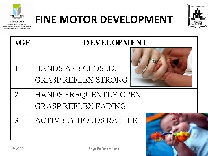 FINE MOTOR DEVELOPMENT AGE DEVELOPMENT 1 HANDS ARE CLOSED, GRASP REFLEX STRONG 2 HANDS