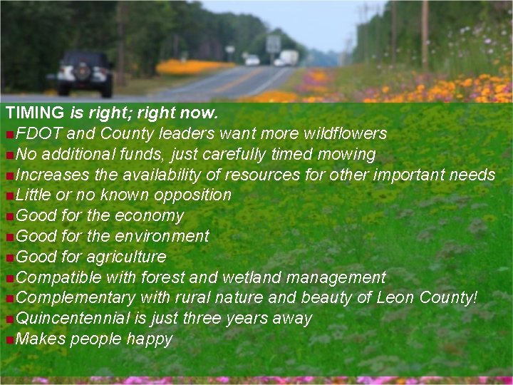 TIMING is right; right now. n. FDOT and County leaders want more wildflowers n.