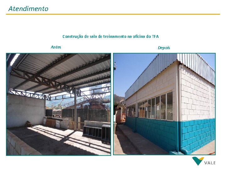 Atendimento Construção de sala de treinamento na oficina do TFA Antes Depois 