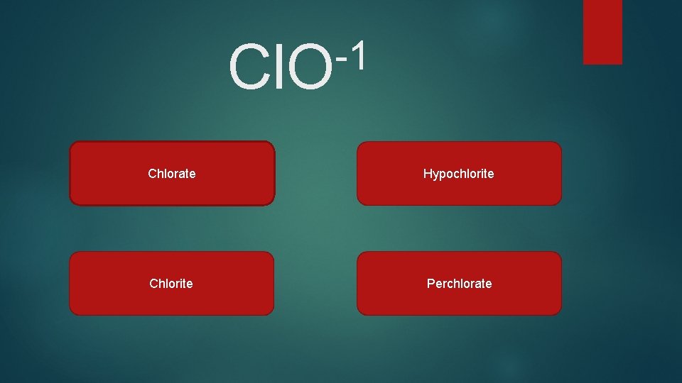 -1 Cl. O Chlorate Hypochlorite Chlorite Perchlorate 