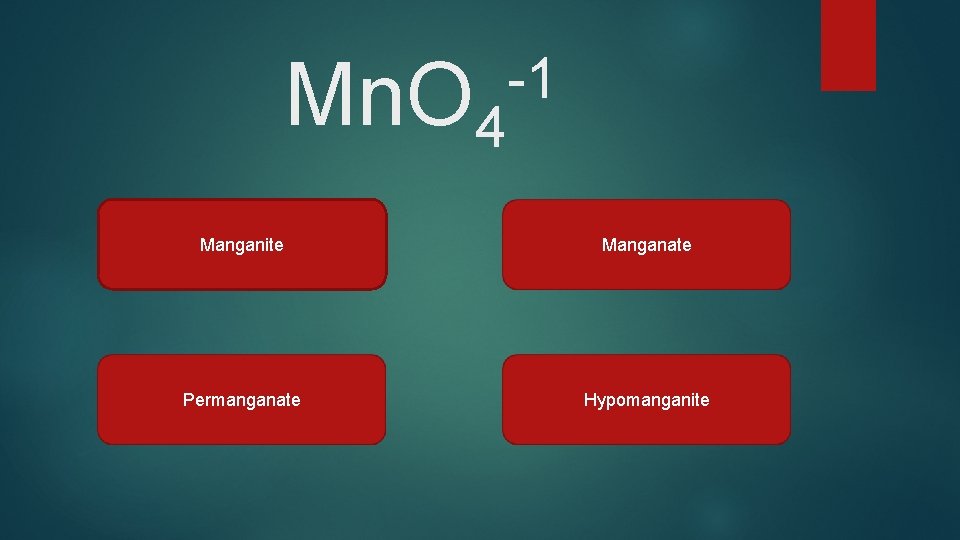 Mn. O 4 -1 Manganite Manganate Permanganate Hypomanganite 