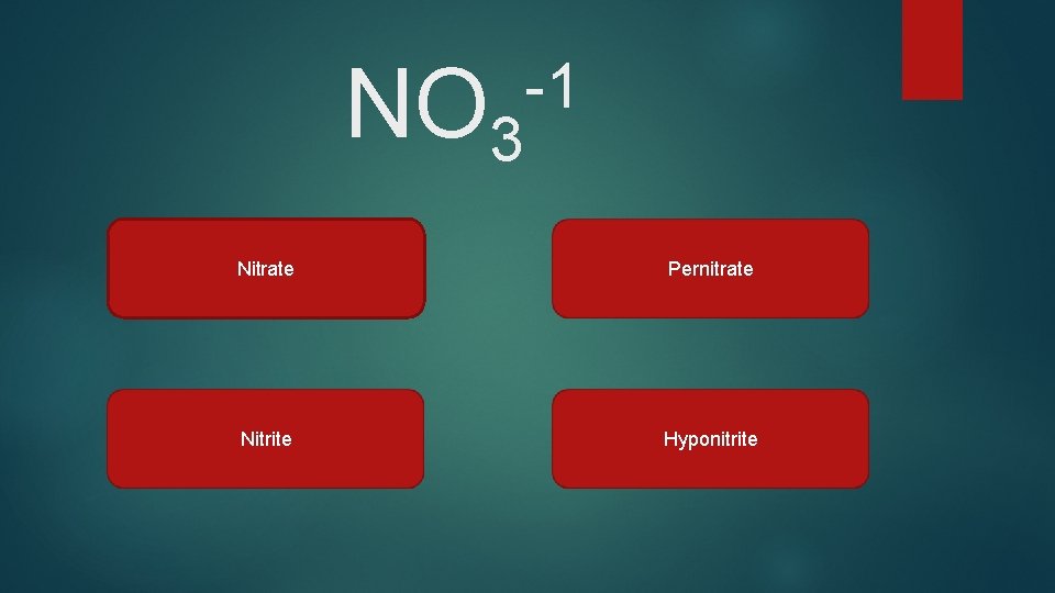 NO 3 -1 Nitrate Pernitrate Nitrite Hyponitrite 