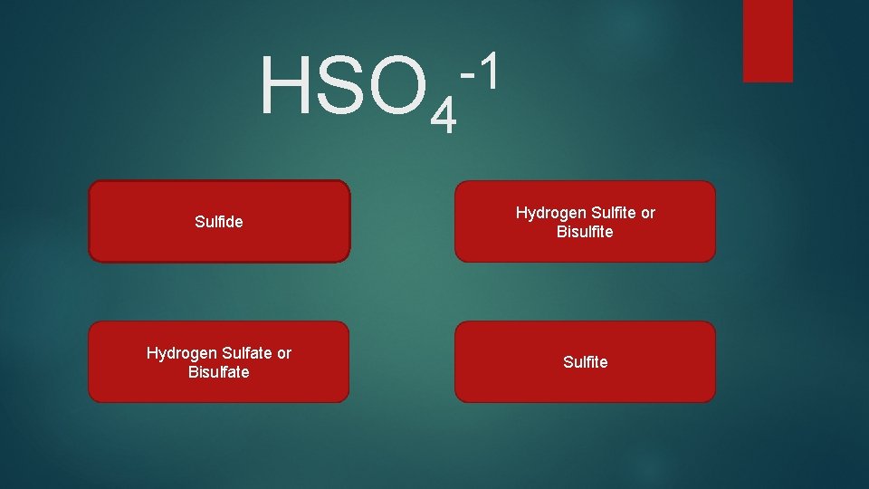 HSO 4 -1 Sulfide Hydrogen Sulfite or Bisulfite Hydrogen Sulfate or Bisulfate Sulfite 