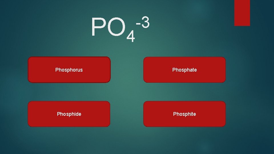 PO 4 -3 Phosphorus Phosphate Phosphide Phosphite 