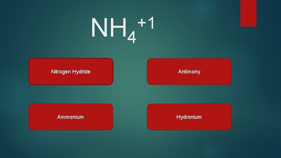NH 4 +1 Nitrogen Hydride Antimony Ammonium Hydronium 