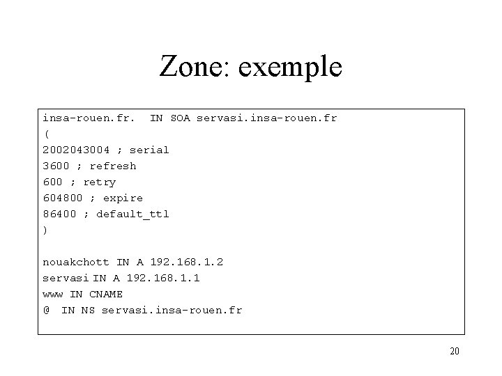 Zone: exemple insa-rouen. fr. IN SOA servasi. insa-rouen. fr ( 2002043004 ; serial 3600