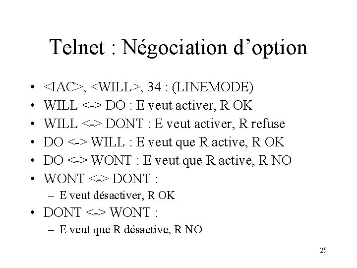 Telnet : Négociation d’option • • • <IAC>, <WILL>, 34 : (LINEMODE) WILL <->