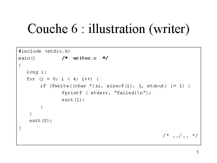 Couche 6 : illustration (writer) #include <stdio. h> main() /* writer. c */ {