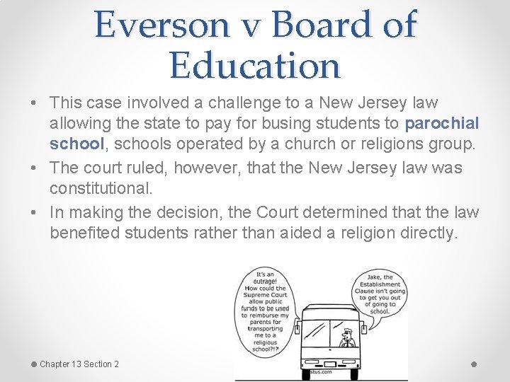 Everson v Board of Education • This case involved a challenge to a New