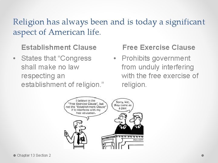 Religion has always been and is today a significant aspect of American life. Establishment