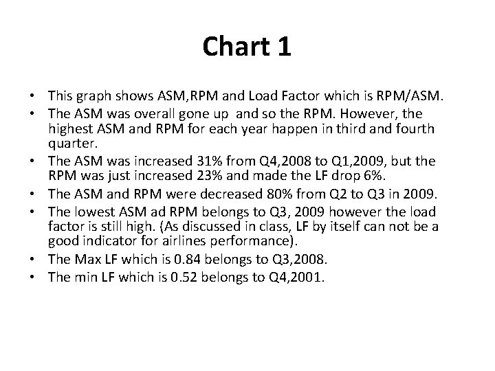 Chart 1 • This graph shows ASM, RPM and Load Factor which is RPM/ASM.