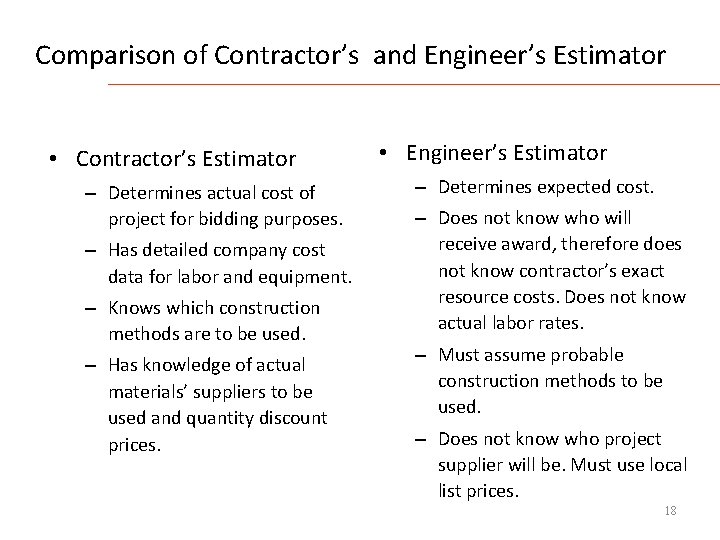 Comparison of Contractor’s and Engineer’s Estimator • Contractor’s Estimator – Determines actual cost of