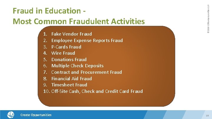 1. Fake Vendor Fraud 2. Employee Expense Reports Fraud 3. P-Cards Fraud 4. Wire