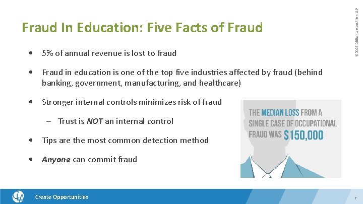  • 5% of annual revenue is lost to fraud © 2019 Clifton. Larson.