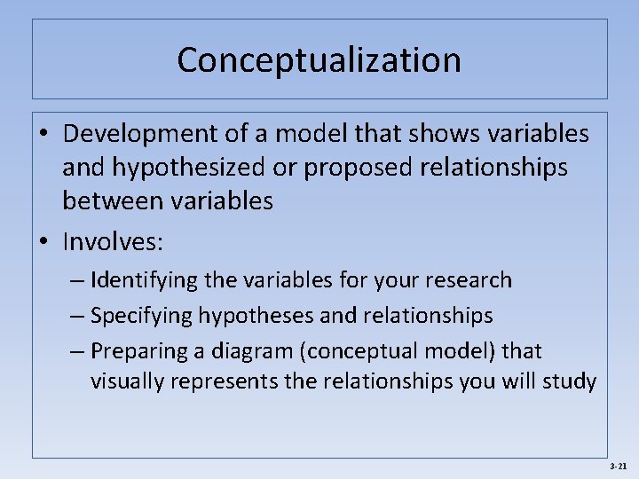 Conceptualization • Development of a model that shows variables and hypothesized or proposed relationships