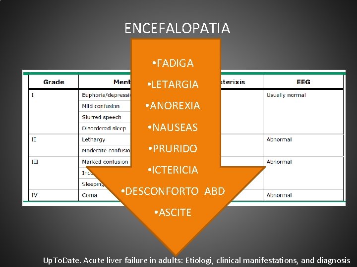 ENCEFALOPATIA • FADIGA • LETARGIA • ANOREXIA • NAUSEAS • PRURIDO • ICTERICIA •