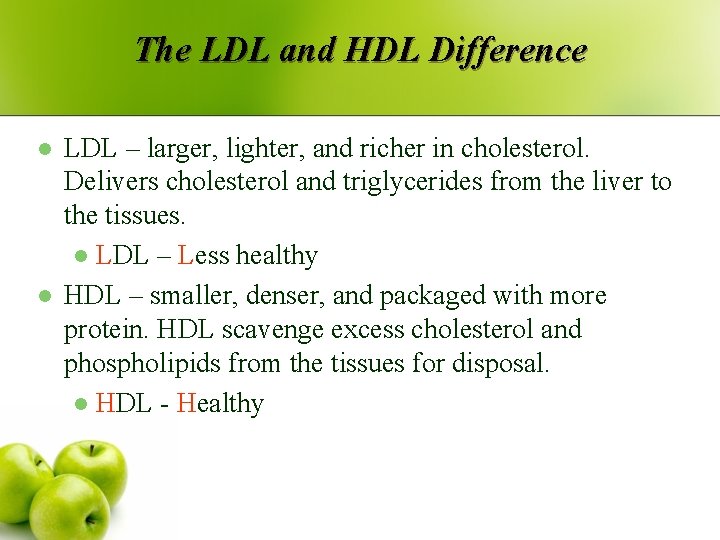 The LDL and HDL Difference l l LDL – larger, lighter, and richer in