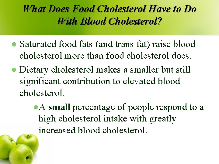 What Does Food Cholesterol Have to Do With Blood Cholesterol? Saturated food fats (and