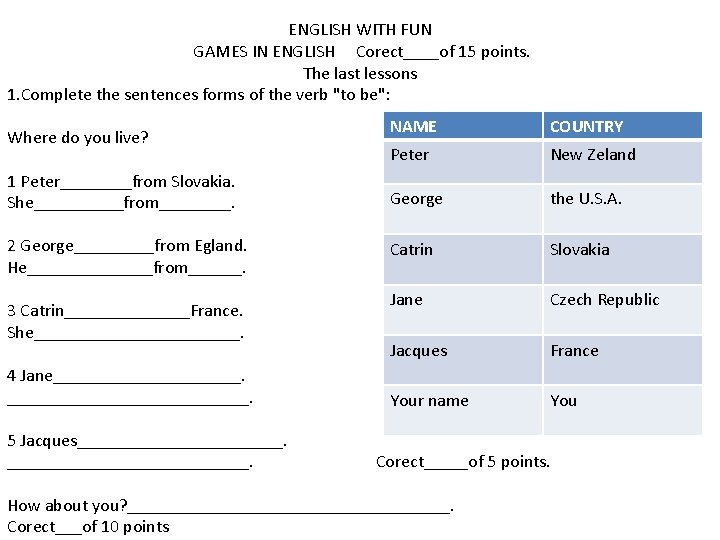 ENGLISH WITH FUN GAMES IN ENGLISH Corect____of 15 points. The last lessons 1. Complete